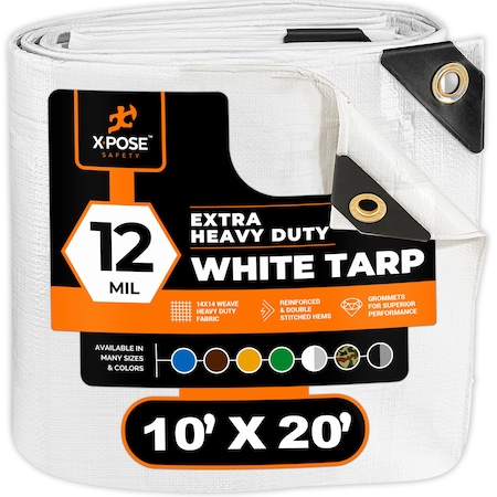 XPOSE SAFETY Heavy Duty White Poly Tarp 10' x 20' Protective Cover Water and Weather Proof, Extra Thick 12 Mil WHD-1020-X-A